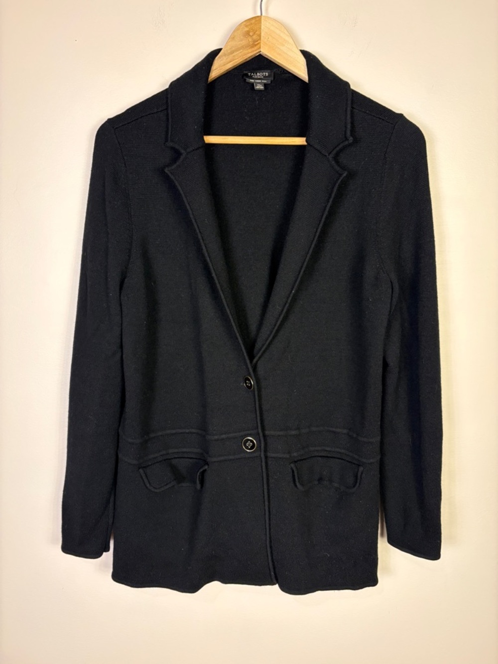 Talbots Merino Wool Black Knit Sweater Blazer Classic Petite Office Travel